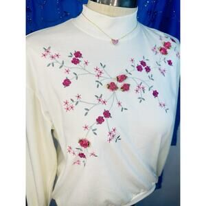 Vtg Mock Neck 3D Rose And Floral Embroidery Long Sleeve Sweater M/L